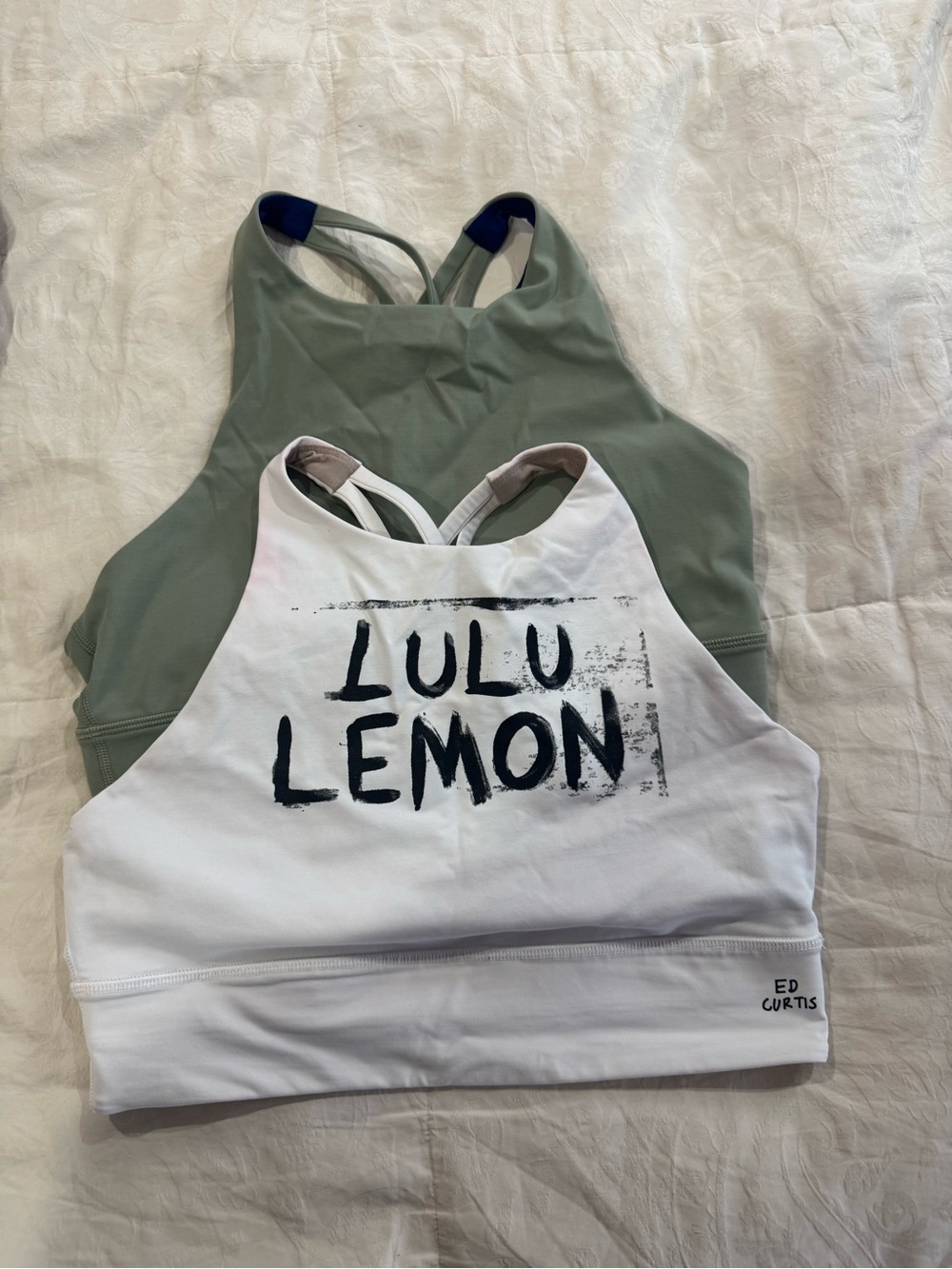 Lululemon White Graphic Sports Bra & Sage Green Racerback Layer
